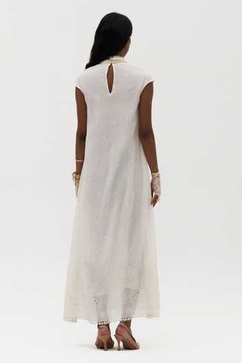 Shop Payal Jain Off White Cotton High Neck Ashley Embroidered Dress at Aza Fashions Shop_Payal Jain_Off White Cotton High Neck Ashley Embroidered Dress _at_Aza_Fashions