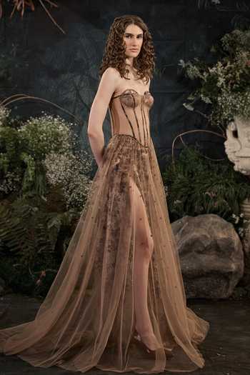 Cedar & Pine Beige Tulle, Organza Sequins Sweetheart Neck Eden Embellished Gown Online at Aza Fashions Cedar & Pine_Beige Tulle, Organza Sequins Sweetheart Neck Eden Embellished Gown _Online_at_Aza_Fashions