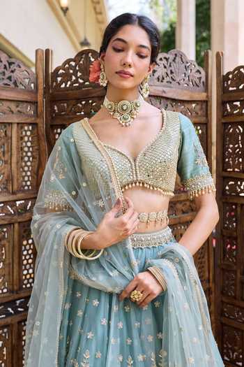 Buy Cedar & Pine Blue Silk, Organza, Georgette, Tulle V-neck Ursula Embroidered Lehenga Set Online at Aza Fashions Buy_Cedar & Pine_Blue Silk, Organza, Georgette, Tulle V-neck Ursula Embroidered Lehenga Set _Online_at_Aza_Fashions