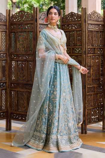 Shop Cedar & Pine Blue Silk, Organza, Georgette, Tulle V-neck Ursula Embroidered Lehenga Set Online at Aza Fashions Shop_Cedar & Pine_Blue Silk, Organza, Georgette, Tulle V-neck Ursula Embroidered Lehenga Set _Online_at_Aza_Fashions