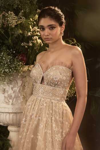Shop Cedar & Pine Beige Silk, Organza Embroidery Sweetheart Neck Gabriel Tonal Gown Online at Aza Fashions Shop_Cedar & Pine_Beige Silk, Organza Embroidery Sweetheart Neck Gabriel Tonal Gown _Online_at_Aza_Fashions