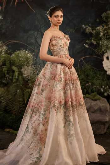 Cedar & Pine Ivory Organza Embroidery, Sequins, Beads Bandeau Neck Gardens Tonal Gown Online at Aza Fashions Cedar & Pine_Ivory Organza Embroidery, Sequins, Beads Bandeau Neck Gardens Tonal Gown _Online_at_Aza_Fashions