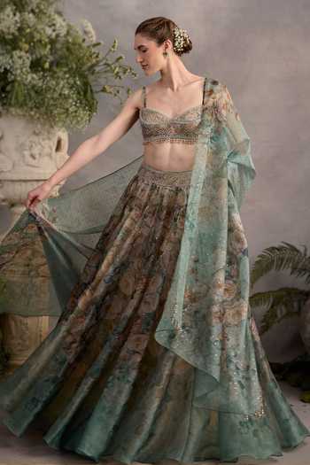 Cedar & Pine Green Organza Sweetheart Neck Whiterose Floral Print Lehenga Set at Aza Fashions Cedar & Pine_Green Organza Sweetheart Neck Whiterose Floral Print Lehenga Set _at_Aza_Fashions
