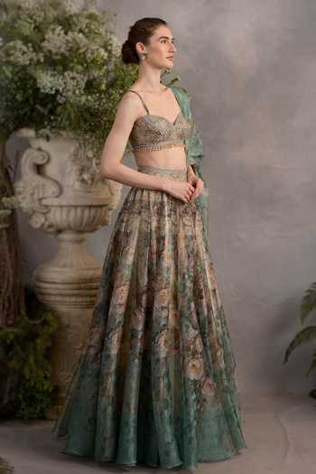 Buy Cedar & Pine Green Organza Sweetheart Neck Whiterose Floral Print Lehenga Set Buy_Cedar & Pine_Green Organza Sweetheart Neck Whiterose Floral Print Lehenga Set