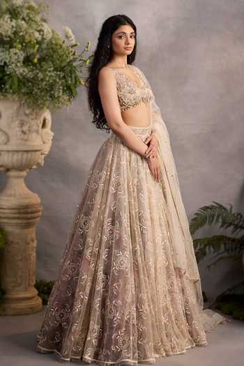 Cedar & Pine Ivory Organza, Tulle V-neck Sephora Embroidered Lehenga Set at Aza Fashions Cedar & Pine_Ivory Organza, Tulle V-neck Sephora Embroidered Lehenga Set _at_Aza_Fashions