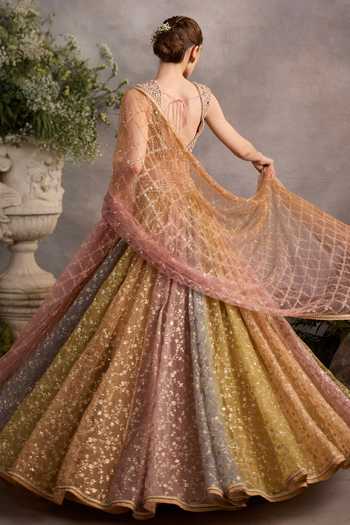 Shop Cedar & Pine Multi Color Organza, Tulle Square Neck Easter Block Lehenga Set Online at Aza Fashions Shop_Cedar & Pine_Multi Color Organza, Tulle Square Neck Easter Block Lehenga Set _Online_at_Aza_Fashions