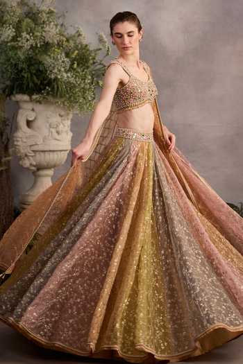 Cedar & Pine Multi Color Organza, Tulle Square Neck Easter Block Lehenga Set at Aza Fashions Cedar & Pine_Multi Color Organza, Tulle Square Neck Easter Block Lehenga Set _at_Aza_Fashions