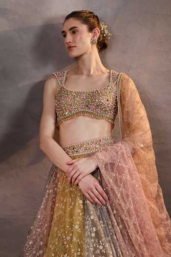 Buy Cedar & Pine Multi Color Organza, Tulle Square Neck Easter Block Lehenga Set Buy_Cedar & Pine_Multi Color Organza, Tulle Square Neck Easter Block Lehenga Set