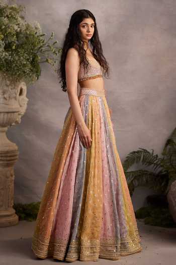 Cedar & Pine_Multi Color Silk, Organza, Tulle Sweetheart Neck Ethereal Block Lehenga Set _Online_at_Aza_Fashions
