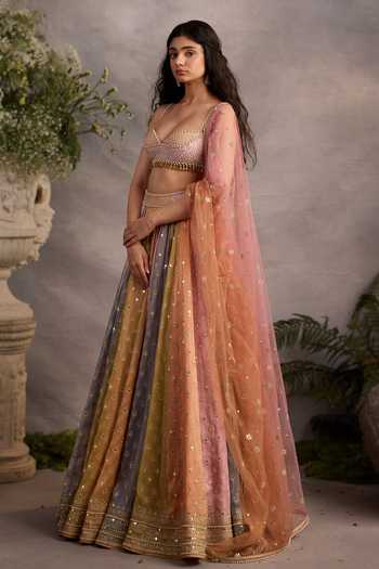Buy_Cedar & Pine_Multi Color Silk, Organza, Tulle Sweetheart Neck Ethereal Block Lehenga Set _Online_at_Aza_Fashions