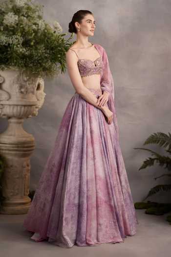 Buy_Cedar & Pine_Mauve Organza, Tulle Sweetheart Neck Foil Print Lehenga Set _Online_at_Aza_Fashions