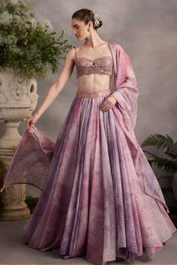 Shop_Cedar & Pine_Mauve Organza, Tulle Sweetheart Neck Foil Print Lehenga Set _Online_at_Aza_Fashions