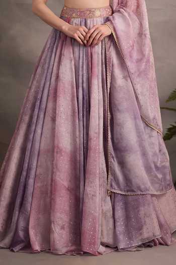Cedar & Pine_Mauve Organza, Tulle Sweetheart Neck Foil Print Lehenga Set _at_Aza_Fashions