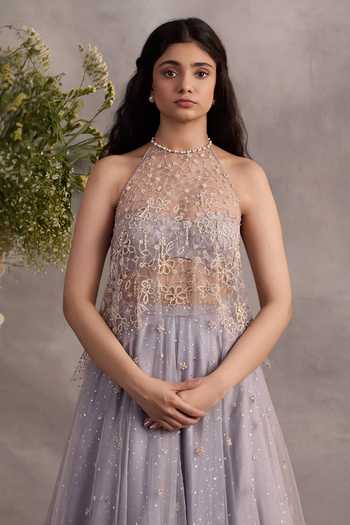 Cedar & Pine Blue Tulle, Dupion Halter Neck Grace Embroidered Lehenga Set Online at Aza Fashions Cedar & Pine_Blue Tulle, Dupion Halter Neck Grace Embroidered Lehenga Set _Online_at_Aza_Fashions