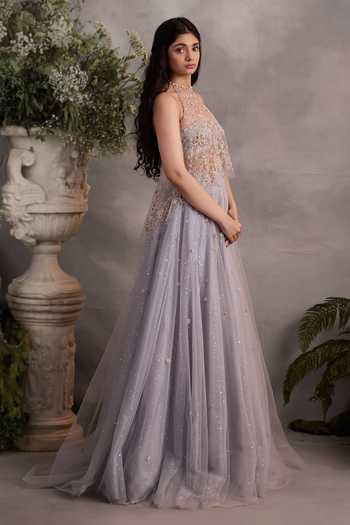 Shop Cedar & Pine Blue Tulle, Dupion Halter Neck Grace Embroidered Lehenga Set Online at Aza Fashions Shop_Cedar & Pine_Blue Tulle, Dupion Halter Neck Grace Embroidered Lehenga Set _Online_at_Aza_Fashions