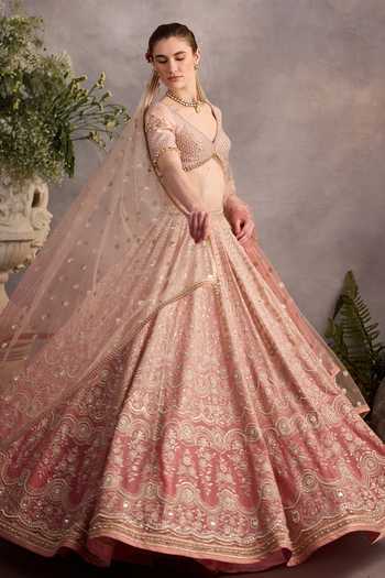 Cedar & Pine Pink Silk, Organza, Tulle V-neck Blossom Embroidered Lehenga Set at Aza Fashions Cedar & Pine_Pink Silk, Organza, Tulle V-neck Blossom Embroidered Lehenga Set _at_Aza_Fashions