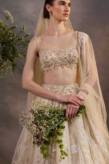 Cedar & Pine Ivory Organza, Tulle Square Neck Chapel Embroidered Lehenga Set at Aza Fashions Cedar & Pine_Ivory Organza, Tulle Square Neck Chapel Embroidered Lehenga Set _at_Aza_Fashions