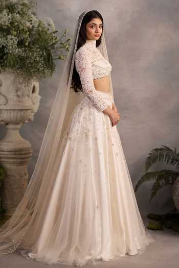 Cedar & Pine_White Tulle, Lace High Neck Christie Embroidered Bridal Lehenga Set _Online_at_Aza_Fashions