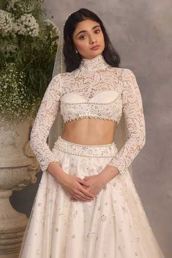 Buy_Cedar & Pine_White Tulle, Lace High Neck Christie Embroidered Bridal Lehenga Set _Online_at_Aza_Fashions