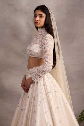 Shop_Cedar & Pine_White Tulle, Lace High Neck Christie Embroidered Bridal Lehenga Set _Online_at_Aza_Fashions