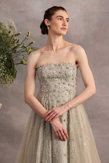 Cedar & Pine_Green Organza, Tulle Embroidery, Pearls, Stones, Crystals Anne Tonal Gown _Online_at_Aza_Fashions
