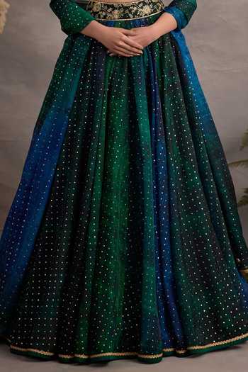 Cedar & Pine_Blue Organza, Tulle V-neck Sapphire Shaded Lehenga Set _Online_at_Aza_Fashions