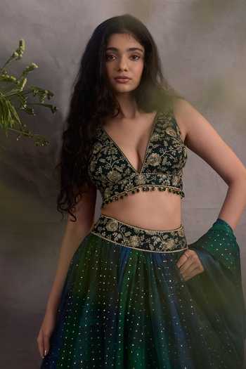 Shop_Cedar & Pine_Blue Organza, Tulle V-neck Sapphire Shaded Lehenga Set _Online_at_Aza_Fashions