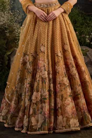 Buy_Cedar & Pine_Yellow Tulle, Tissue V-neck Magnolia Floral Pattern Lehenga Set _Online_at_Aza_Fashions