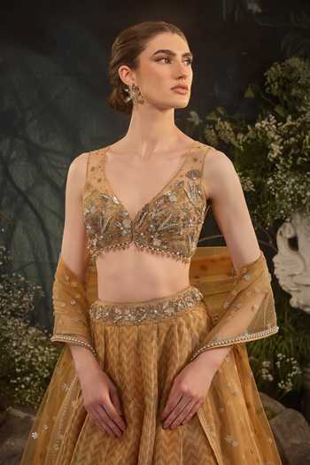 Shop_Cedar & Pine_Yellow Tulle, Tissue V-neck Magnolia Floral Pattern Lehenga Set _Online_at_Aza_Fashions