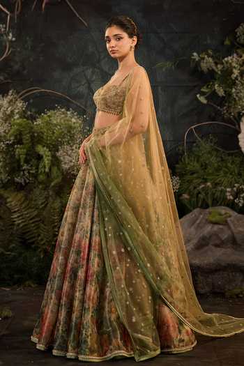 Cedar & Pine Green Tissue, Tulle Sweetheart Neck Elysium Floral Print Lehenga Set Online at Aza Fashions Cedar & Pine_Green Tissue, Tulle Sweetheart Neck Elysium Floral Print Lehenga Set _Online_at_Aza_Fashions