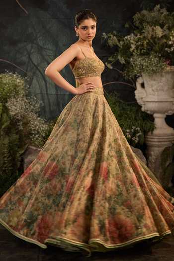 Cedar & Pine Green Tissue, Tulle Sweetheart Neck Elysium Floral Print Lehenga Set at Aza Fashions Cedar & Pine_Green Tissue, Tulle Sweetheart Neck Elysium Floral Print Lehenga Set _at_Aza_Fashions