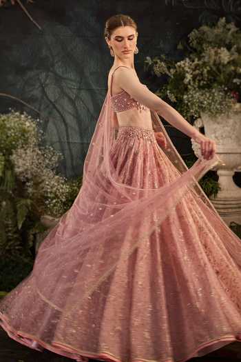 Cedar & Pine Pink Organza, Tulle Square Neck Noah Embroidered Lehenga Set Online at Aza Fashions Cedar & Pine_Pink Organza, Tulle Square Neck Noah Embroidered Lehenga Set _Online_at_Aza_Fashions