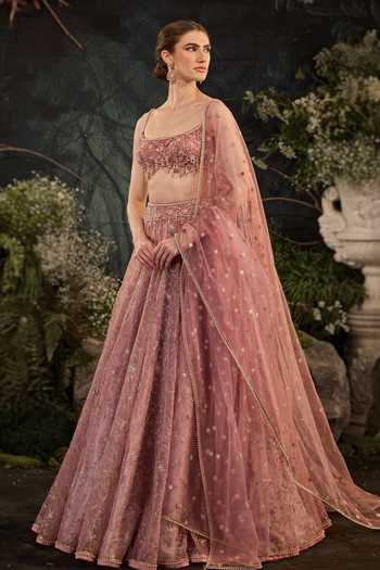 Buy Cedar & Pine Pink Organza, Tulle Square Neck Noah Embroidered Lehenga Set Online at Aza Fashions Buy_Cedar & Pine_Pink Organza, Tulle Square Neck Noah Embroidered Lehenga Set _Online_at_Aza_Fashions