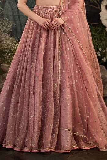 Shop Cedar & Pine Pink Organza, Tulle Square Neck Noah Embroidered Lehenga Set Online at Aza Fashions Shop_Cedar & Pine_Pink Organza, Tulle Square Neck Noah Embroidered Lehenga Set _Online_at_Aza_Fashions