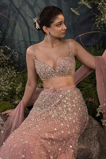 Shop Cedar & Pine Pink Tulle Sweetheart Neck Zion Embroidered Skirt Set Online at Aza Fashions Shop_Cedar & Pine_Pink Tulle Sweetheart Neck Zion Embroidered Skirt Set _Online_at_Aza_Fashions