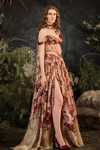 Cedar & Pine_Red Organza, Tulle Fabric Flowers Sweetheart Neck, Noel Floral Print Skirt Set _Online_at_Aza_Fashions