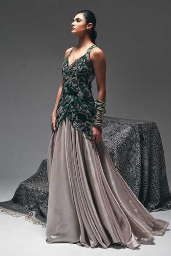 Nidhi Kejriwal Green Cotton, Net, Tissue Embroidery, Beads, Zari, Cut Work, Flared Gown Online at Aza Fashions Nidhi Kejriwal_Green Cotton, Net, Tissue Embroidery, Beads, Zari, Cut Work, Flared Gown _Online_at_Aza_Fashions