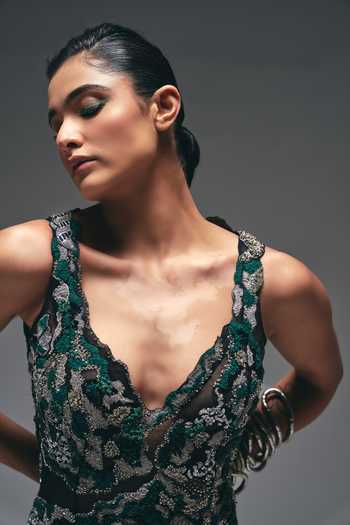 Shop Nidhi Kejriwal Green Cotton, Net, Tissue Embroidery, Beads, Zari, Cut Work, Flared Gown Online at Aza Fashions Shop_Nidhi Kejriwal_Green Cotton, Net, Tissue Embroidery, Beads, Zari, Cut Work, Flared Gown _Online_at_Aza_Fashions