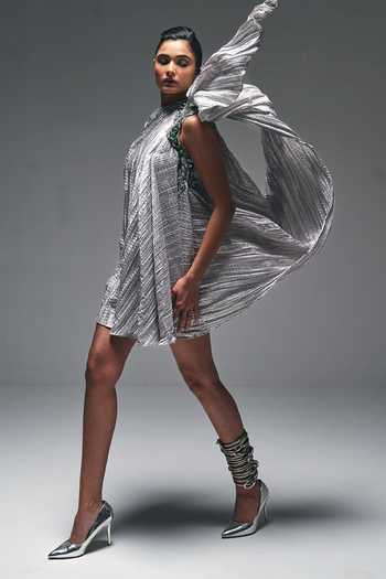 Nidhi Kejriwal Silver Satin Cowl Neck Embroidered Draped Crushed Dress Online at Aza Fashions Nidhi Kejriwal_Silver Satin Cowl Neck Embroidered Draped Crushed Dress _Online_at_Aza_Fashions