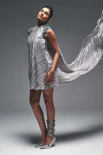 Buy Nidhi Kejriwal Silver Satin Cowl Neck Embroidered Draped Crushed Dress Online at Aza Fashions Buy_Nidhi Kejriwal_Silver Satin Cowl Neck Embroidered Draped Crushed Dress _Online_at_Aza_Fashions