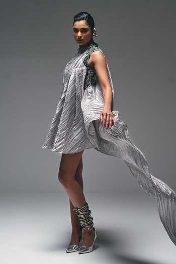 Shop Nidhi Kejriwal Silver Satin Cowl Neck Embroidered Draped Crushed Dress Online at Aza Fashions Shop_Nidhi Kejriwal_Silver Satin Cowl Neck Embroidered Draped Crushed Dress _Online_at_Aza_Fashions