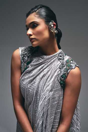 Nidhi Kejriwal Silver Satin Cowl Neck Embroidered Draped Crushed Dress at Aza Fashions Nidhi Kejriwal_Silver Satin Cowl Neck Embroidered Draped Crushed Dress _at_Aza_Fashions