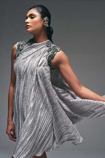 Buy Nidhi Kejriwal Silver Satin Cowl Neck Embroidered Draped Crushed Dress Buy_Nidhi Kejriwal_Silver Satin Cowl Neck Embroidered Draped Crushed Dress