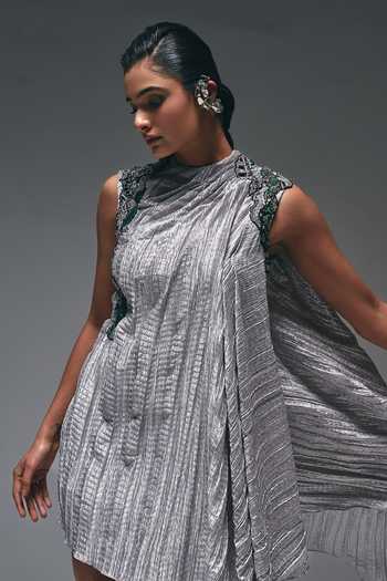 Shop Nidhi Kejriwal Silver Satin Cowl Neck Embroidered Draped Crushed Dress Shop_Nidhi Kejriwal_Silver Satin Cowl Neck Embroidered Draped Crushed Dress