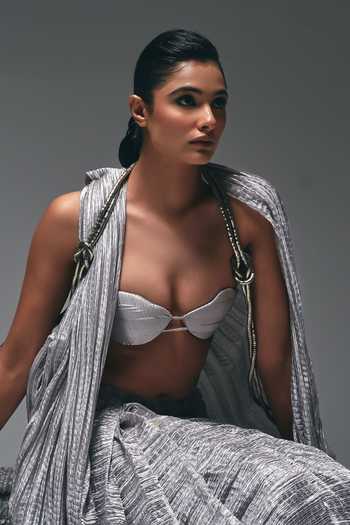 Nidhi Kejriwal Silver Satin Sweetheart Neck Crushed Pre-draped Saree With Bralette Online at Aza Fashions Nidhi Kejriwal_Silver Satin Sweetheart Neck Crushed Pre-draped Saree With Bralette _Online_at_Aza_Fashions