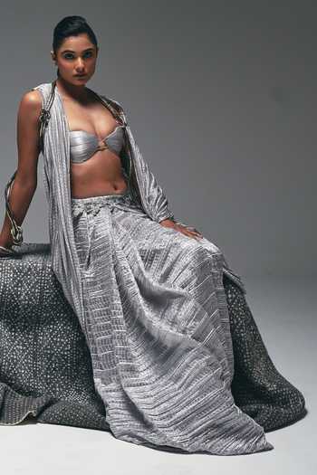 Nidhi Kejriwal Crushed Satin Pre-Draped Saree With Bralette 