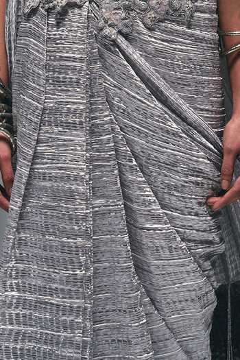 Buy Nidhi Kejriwal Silver Satin Sweetheart Neck Crushed Pre-draped Saree With Bralette Online at Aza Fashions Buy_Nidhi Kejriwal_Silver Satin Sweetheart Neck Crushed Pre-draped Saree With Bralette _Online_at_Aza_Fashions