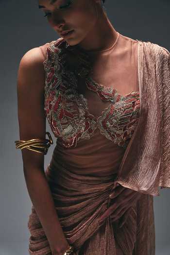 Buy Nidhi Kejriwal Peach Cotton, Net, Tissue Sequins, Curtain Draped A-line Flared Saree Gown Online at Aza Fashions Buy_Nidhi Kejriwal_Peach Cotton, Net, Tissue Sequins, Curtain Draped A-line Flared Saree Gown _Online_at_Aza_Fashions