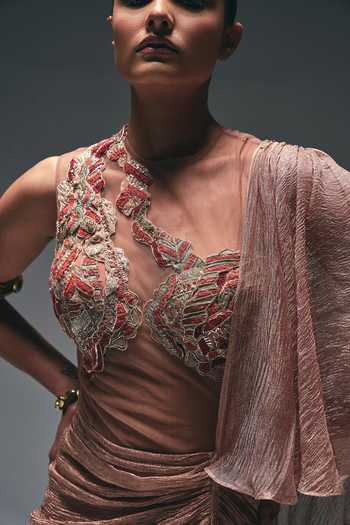Shop Nidhi Kejriwal Peach Cotton, Net, Tissue Sequins, Curtain Draped A-line Flared Saree Gown Online at Aza Fashions Shop_Nidhi Kejriwal_Peach Cotton, Net, Tissue Sequins, Curtain Draped A-line Flared Saree Gown _Online_at_Aza_Fashions