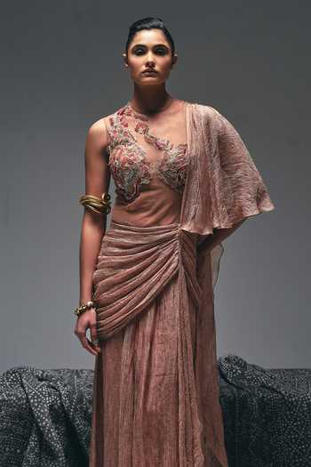 Nidhi Kejriwal Peach Cotton, Net, Tissue Sequins, Curtain Draped A-line Flared Saree Gown at Aza Fashions Nidhi Kejriwal_Peach Cotton, Net, Tissue Sequins, Curtain Draped A-line Flared Saree Gown _at_Aza_Fashions